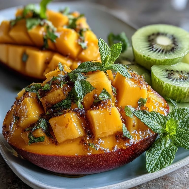 Colorful tropical fruit platter with mangoes, pineapples, and berries, garnished with mint and lime for a refreshing summer treat.