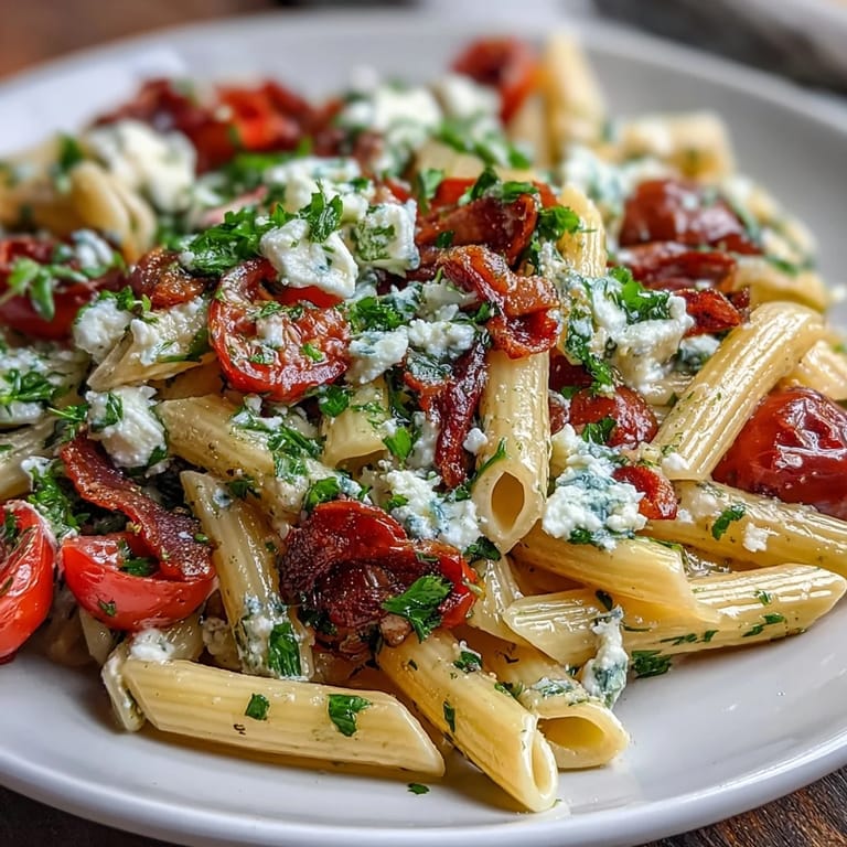 Vibrant Greek pasta salad with Kalamata olives, crumbled feta, and fresh herbs, served in a white bowl for a refreshing summer meal.