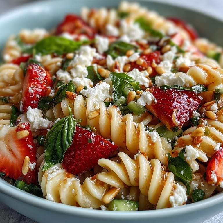 Colorful Spring Pasta Salad with Strawberries, Feta, and Arugula, featuring al dente pasta, juicy berries, and crumbled cheese in a tangy balsamic dressing.