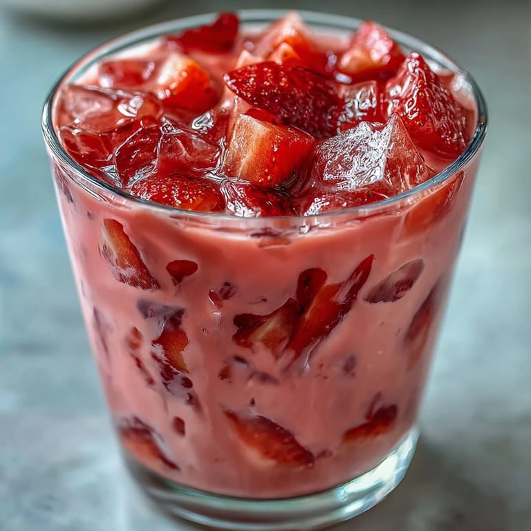 Two tall glasses filled with a creamy pink berry drink, bursting with fresh strawberry slices and refreshing ice.