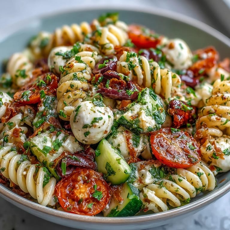 A light and refreshing pasta salad with Italian dressing, tossed with mozzarella, olives, and crunchy bell peppers.