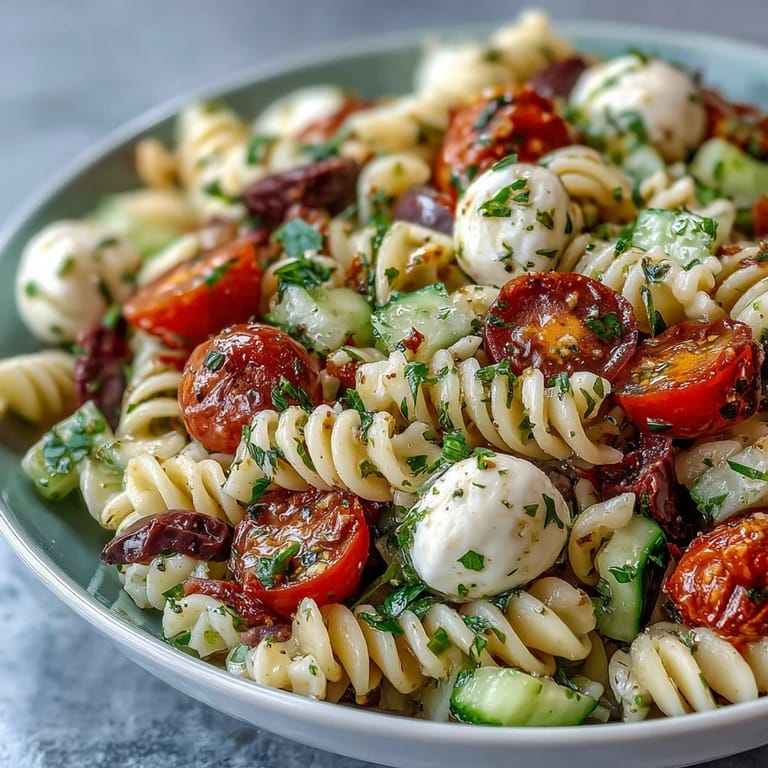 Zesty Italian dressing coats tender pasta and vibrant vegetables in this quick, satisfying summer pasta salad.