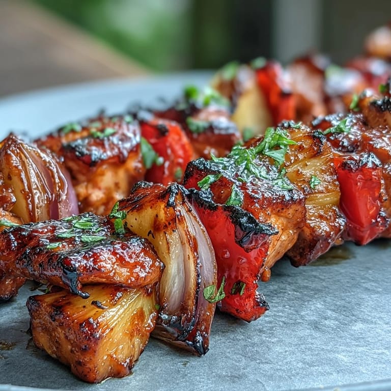 Tropical Grilled Pineapple Chicken Skewers featuring tender marinated chicken, caramelized pineapple, and vibrant vegetables for a summer feast.