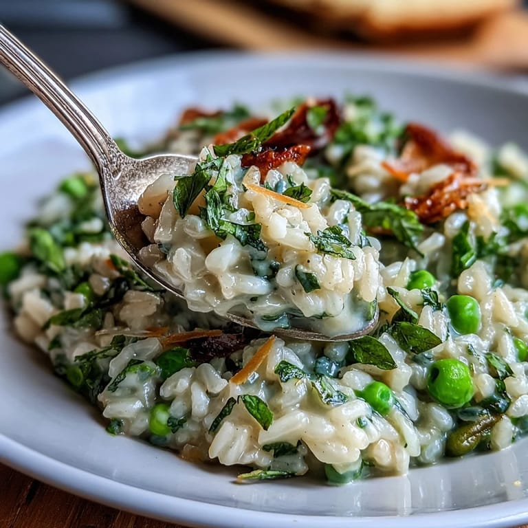 Aromatic Spring Pea Risotto with fresh mint and Parmesan, featuring tender Arborio rice and seasonal peas.