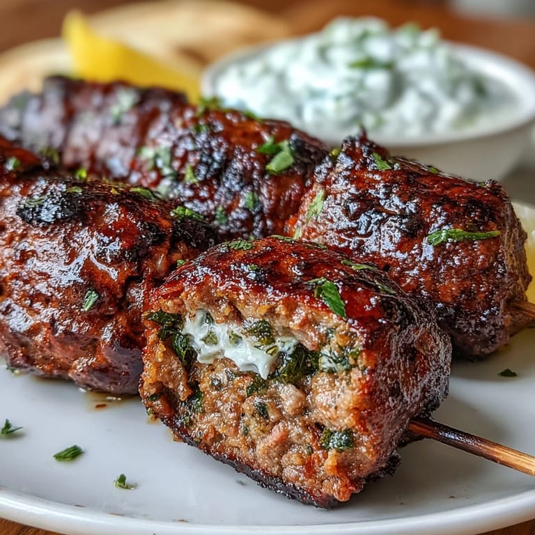 Juicy spiced lamb kofta cooked on skewers, paired with homemade cucumber-dill tzatziki for a flavorful Middle Eastern meal.  