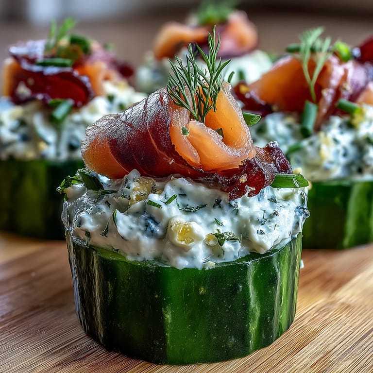Elegant appetizer platter featuring crisp cucumber slices layered with creamy herbed spread and delicate smoked salmon, perfect for brunch or parties.