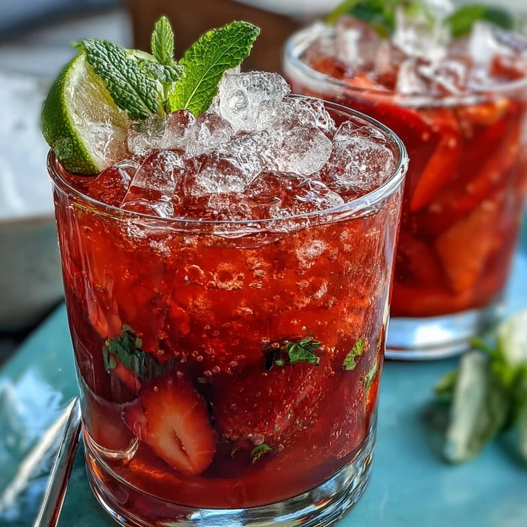Cool glass of homemade strawberry agua fresca with fresh fruit and lime, perfect for a sunny afternoon refreshment.
