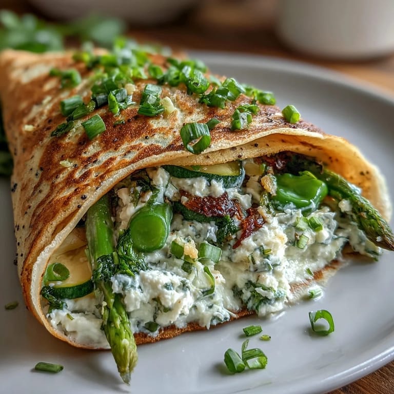 Savory crepes showcase a medley of sautéed asparagus, snap peas, and zucchini wrapped in tender buckwheat pancakes.