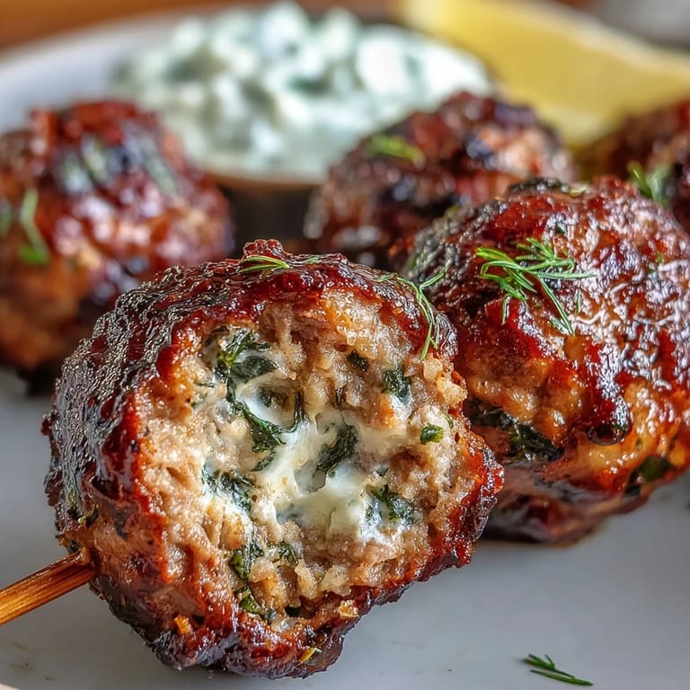 Savory ground lamb kofta grilled to perfection, accompanied by refreshing tzatziki and lemon wedges for a gluten-free main dish.