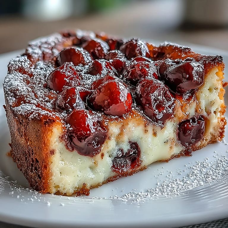 Warm slices of Fresh Cherry Clafoutis with Vanilla Bean, perfect summer dessert.