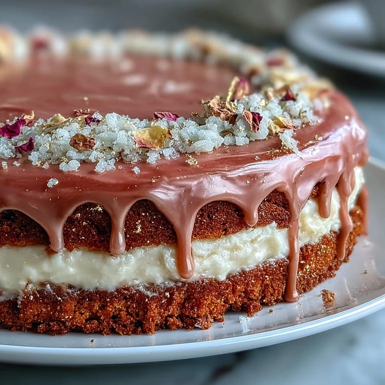 A stunning Bridal Shower Rosé Velvet Cake with Gold Drip: Delicate layers of pink velvet cake paired with creamy rosé buttercream and gold accents.