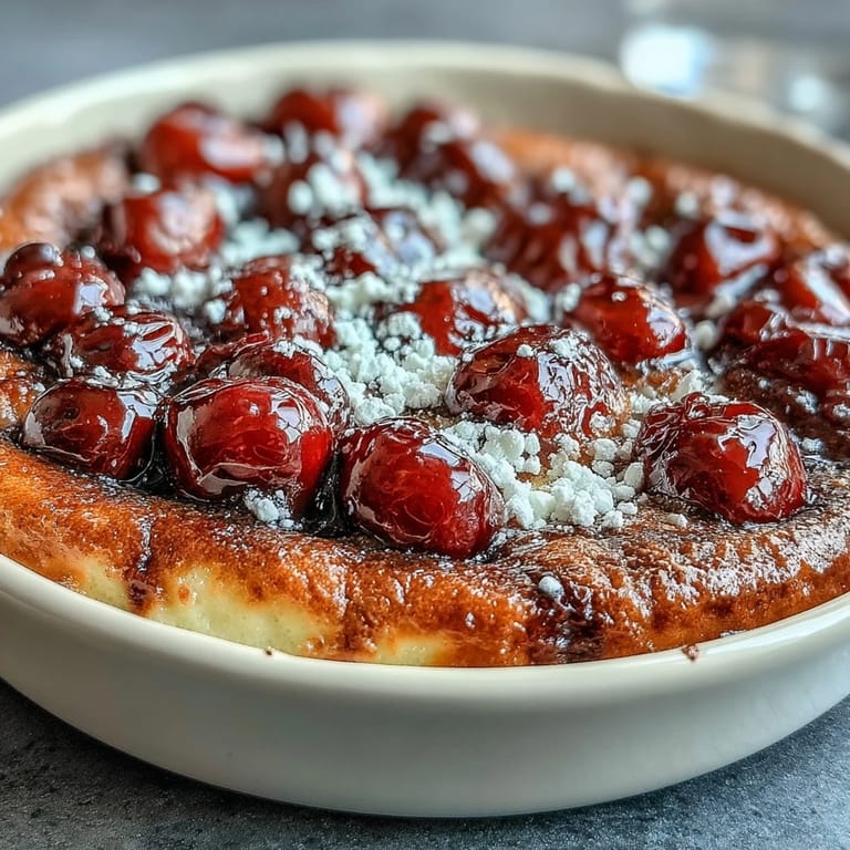 Golden-brown Fresh Cherry Clafoutis with Vanilla Bean, dusted with powdered sugar.