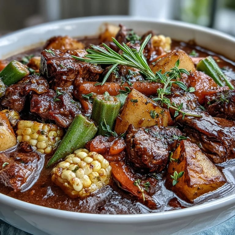 Savory Kentucky Derby Burgoo Stew bubbling in a rustic pot, ready to serve.