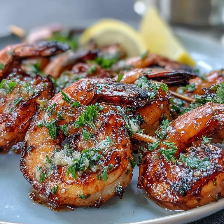Tender honey garlic shrimp skewers hot off the grill, ready to enjoy.