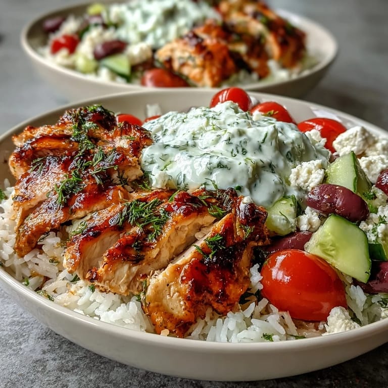Close-up of a healthy Greek Chicken Bowl, loaded with toppings and delicious sauces.