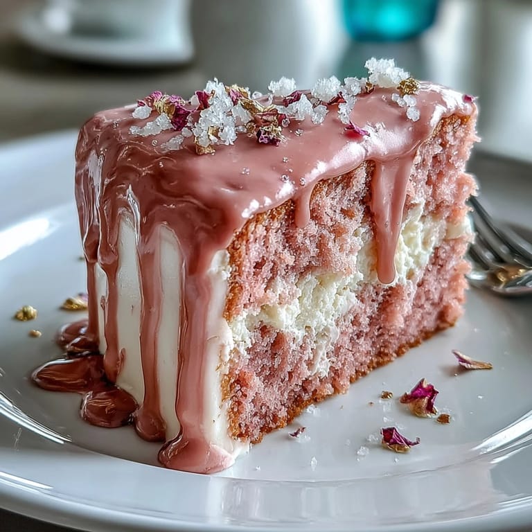 A slice of Bridal Shower Rosé Velvet Cake, with fluffy pink frosting and gold accents.