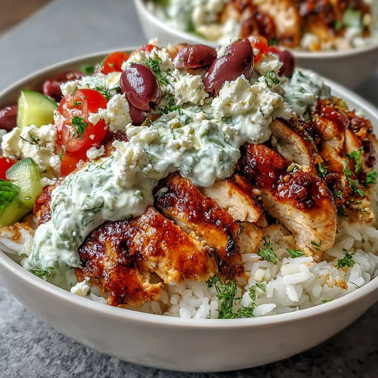 Savor Mediterranean flavors: Greek Chicken Bowls with bright veggies and savory hummus.