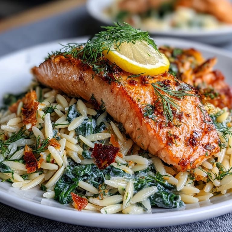 Juicy lemon dill orzo with tender salmon, a vibrant Mediterranean dinner.