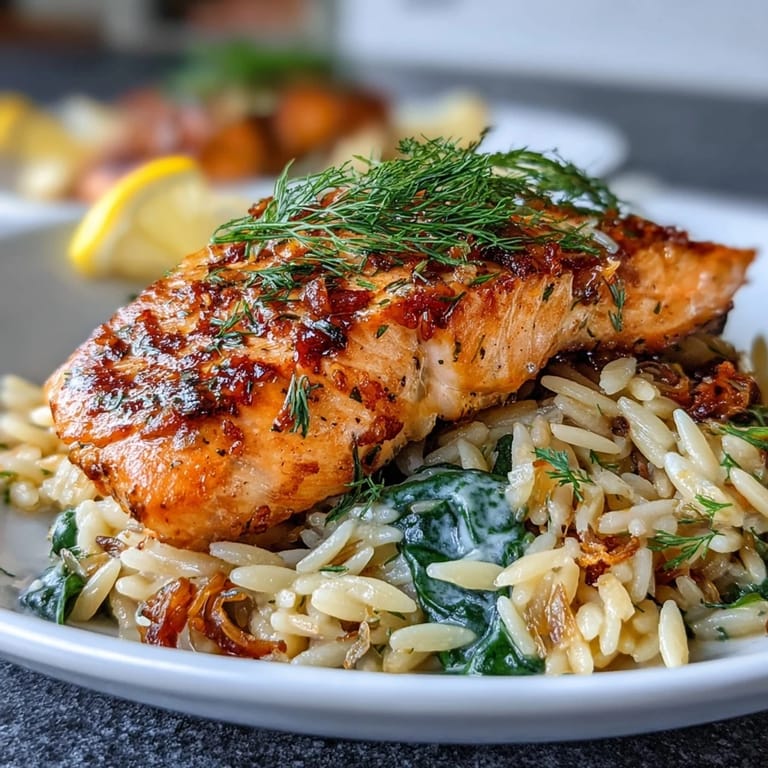 Flavorful salmon served over zesty Lemon Dill Orzo, ready for dinner.