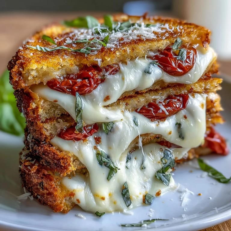 Crispy, cheesy Pizza Margherita Grilled Cheese ready to be devoured with a fork.