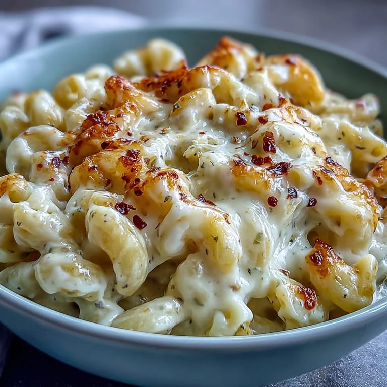 Golden brown one-pot mac and cheese, showing delicious melted cheese strands.