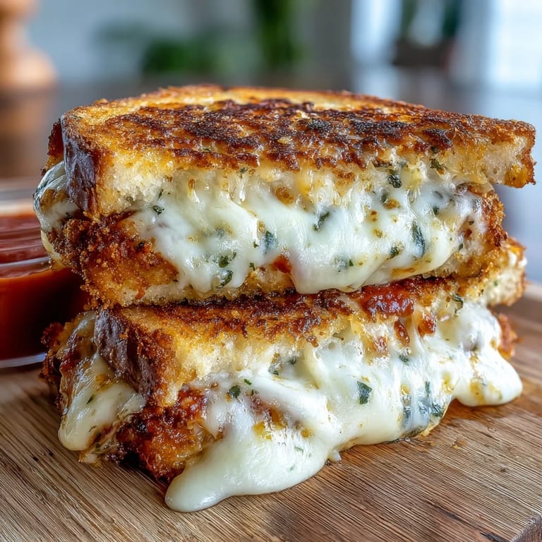 Gooey Mozzarella Stick Grilled Cheese, hot and delicious, with delicious marinara for dipping.