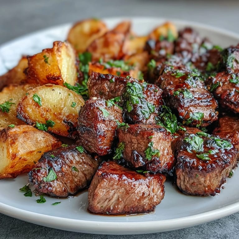Easy garlic butter steak bites and potatoes, a flavorful American main dish.