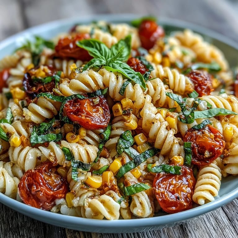 Easy Summer Corn and Tomato Pasta Salad with a zesty, creamy dressing.