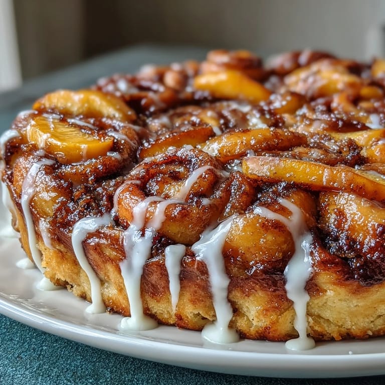 Golden brown peach cobbler cinnamon roll casserole baked with tender peaches and sweet glaze.