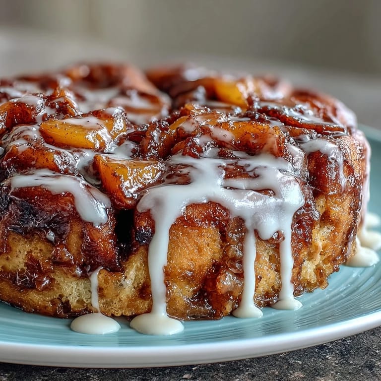 Deliciously warm peach cobbler cinnamon roll casserole, a perfect brunch treat for sharing.