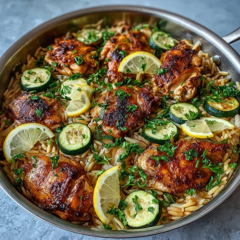 Easy weeknight One-Pan Lemon Chicken and Zucchini Orzo, garnished with parsley.