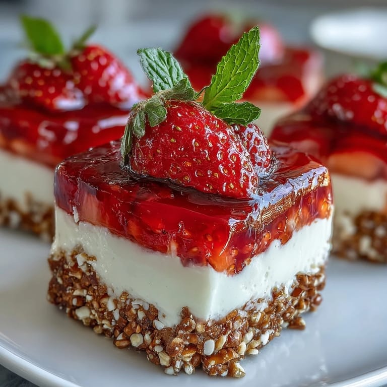 Perfectly chilled strawberry pretzel jello salad, showcasing fresh fruit and crunchy pretzel base.