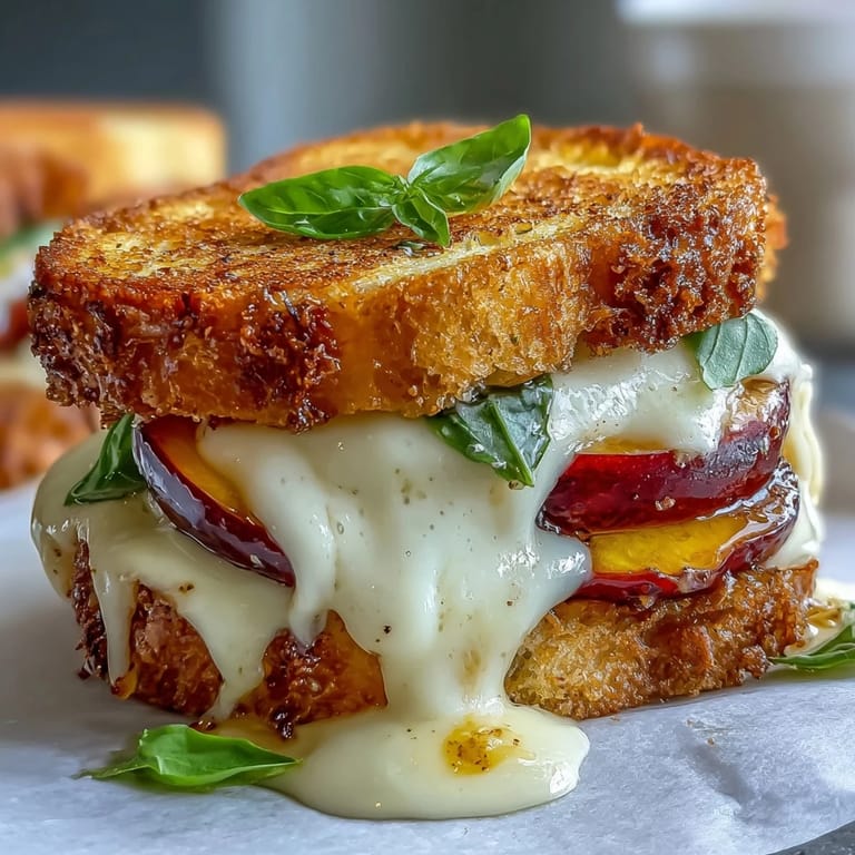 Crispy grilled bread encases gooey cheese and sweet peach slices in this sandwich.