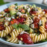 Spring Pasta Salad with Strawberries, Feta, and Arugula in a white bowl, vibrant mix of pasta, strawberries, feta, and arugula with fresh basil on top.