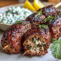 Grilled lamb kofta skewers seasoned with cumin and mint, served with creamy tzatziki sauce and fresh herbs.  