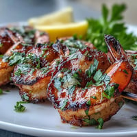 Juicy grilled honey garlic shrimp skewers with a glistening sweet glaze.