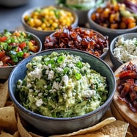 Vibrant guacamole bar with five colorful toppings, perfect for a festive party spread.