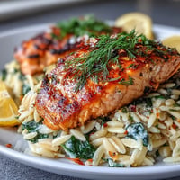 Flaky baked salmon atop bright Lemon Dill Orzo with fresh dill and lemon.