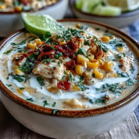 Creamy Street Corn Chicken Chowder topped with crumbled Cotija cheese and cilantro.