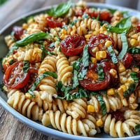 Vibrant Summer Corn and Tomato Pasta Salad, bursting with fresh, juicy flavors.