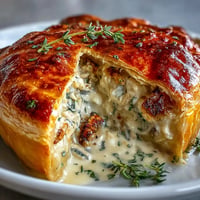 Golden brown puff pastry dome crowns creamy Clam Chowder Pot Pie with visible tender clams.