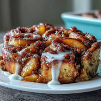 Gooey peach cobbler cinnamon roll casserole oozing with warm icing and caramel swirls.