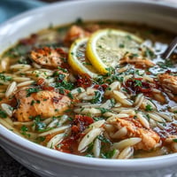 Hearty Mediterranean Lemon Chicken Orzo Soup, perfect for a quick and bright weeknight dinner.