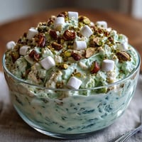 Creamy Cottage Cheese Pistachio Jello Salad served chilled in a bowl with crunchy pistachios.